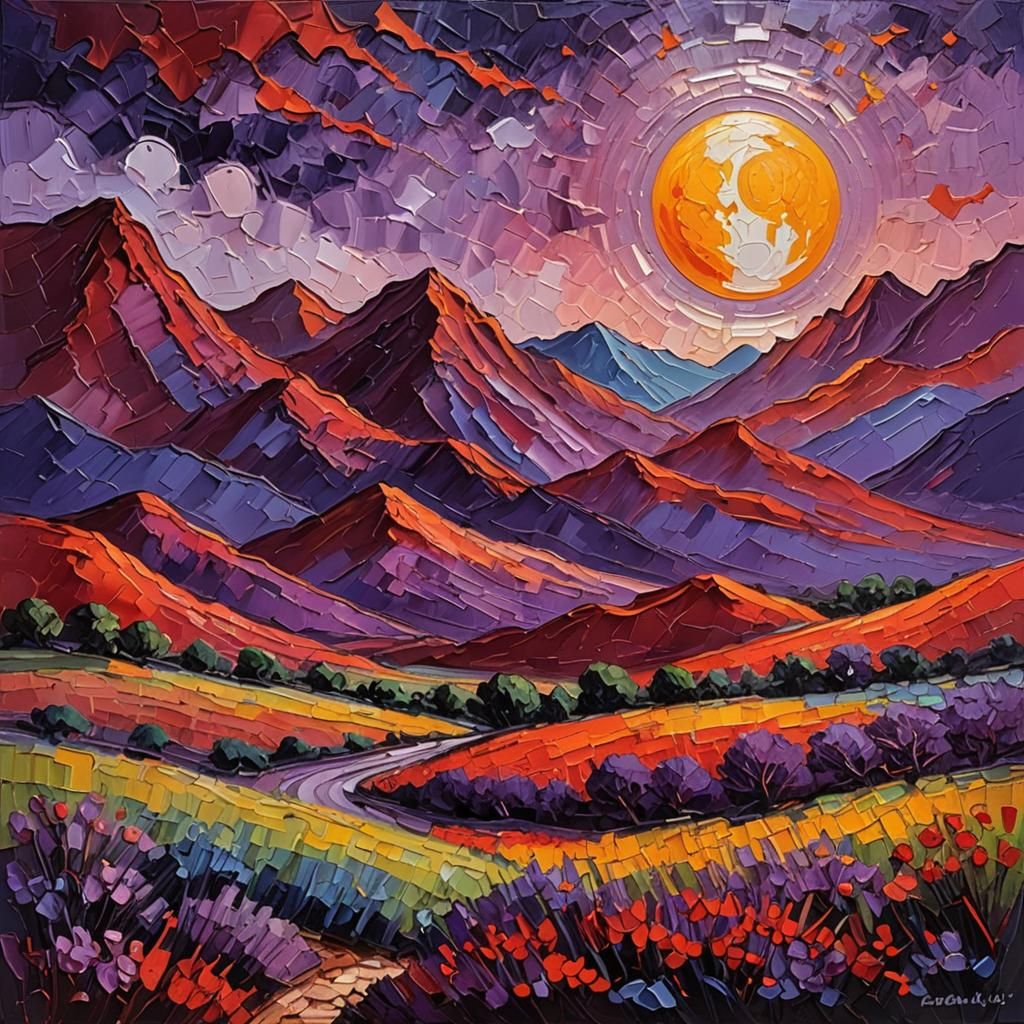 Purple Sun and Red Mountain: Neo-Impressionist Oil Painting