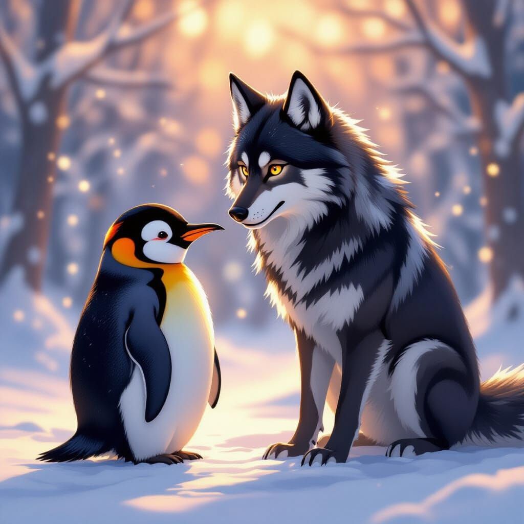 Wolf and Penguin Friends in Vibrant Anime Style