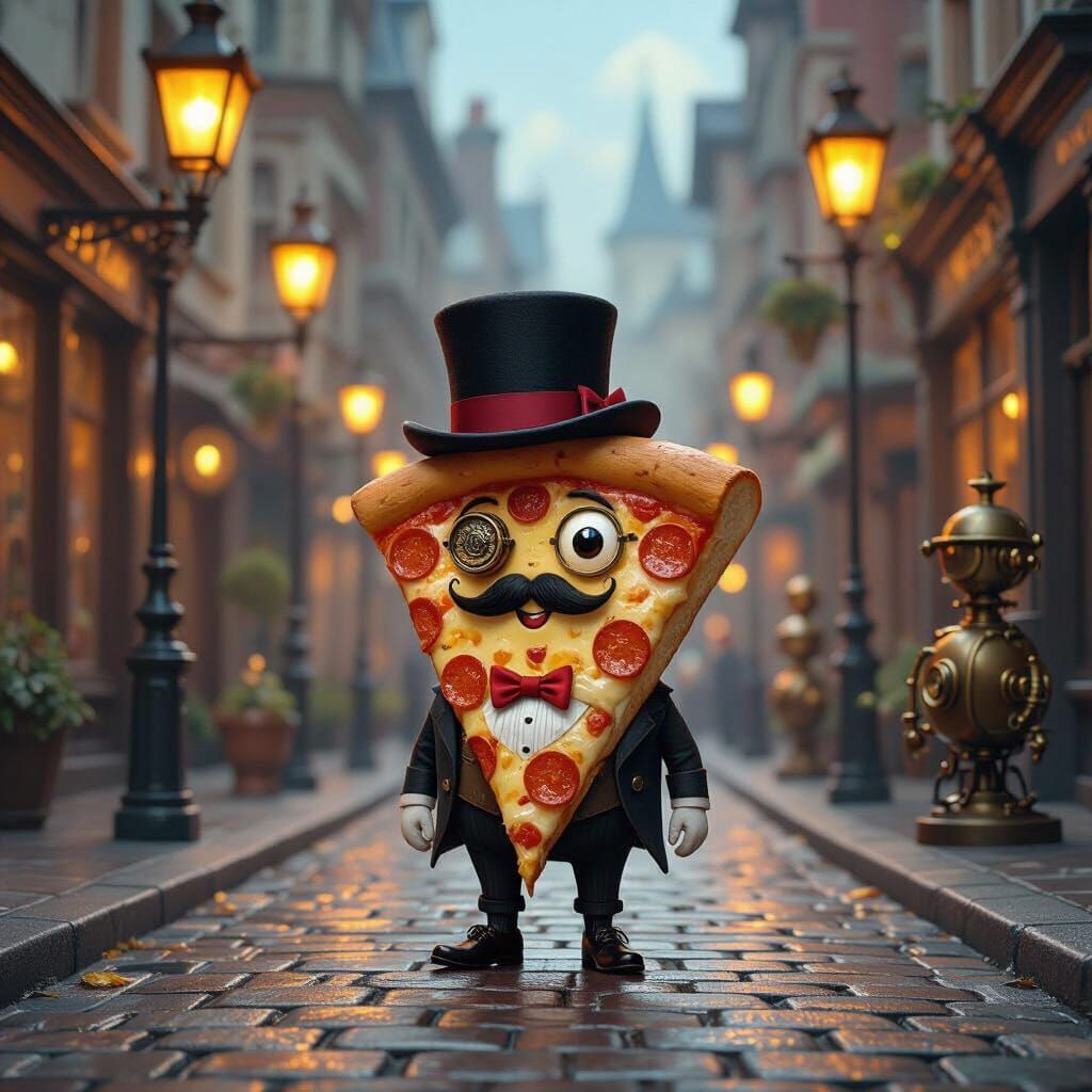 Whimsical Pizza Character in Steampunk Victorian Street