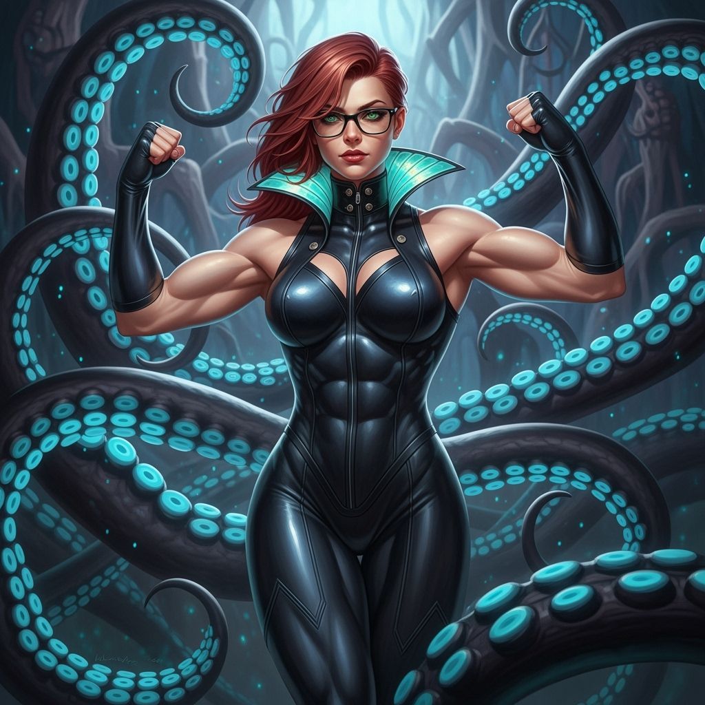 Muscular Redhead in Latex Bodysuit with Tentacle Backdrop