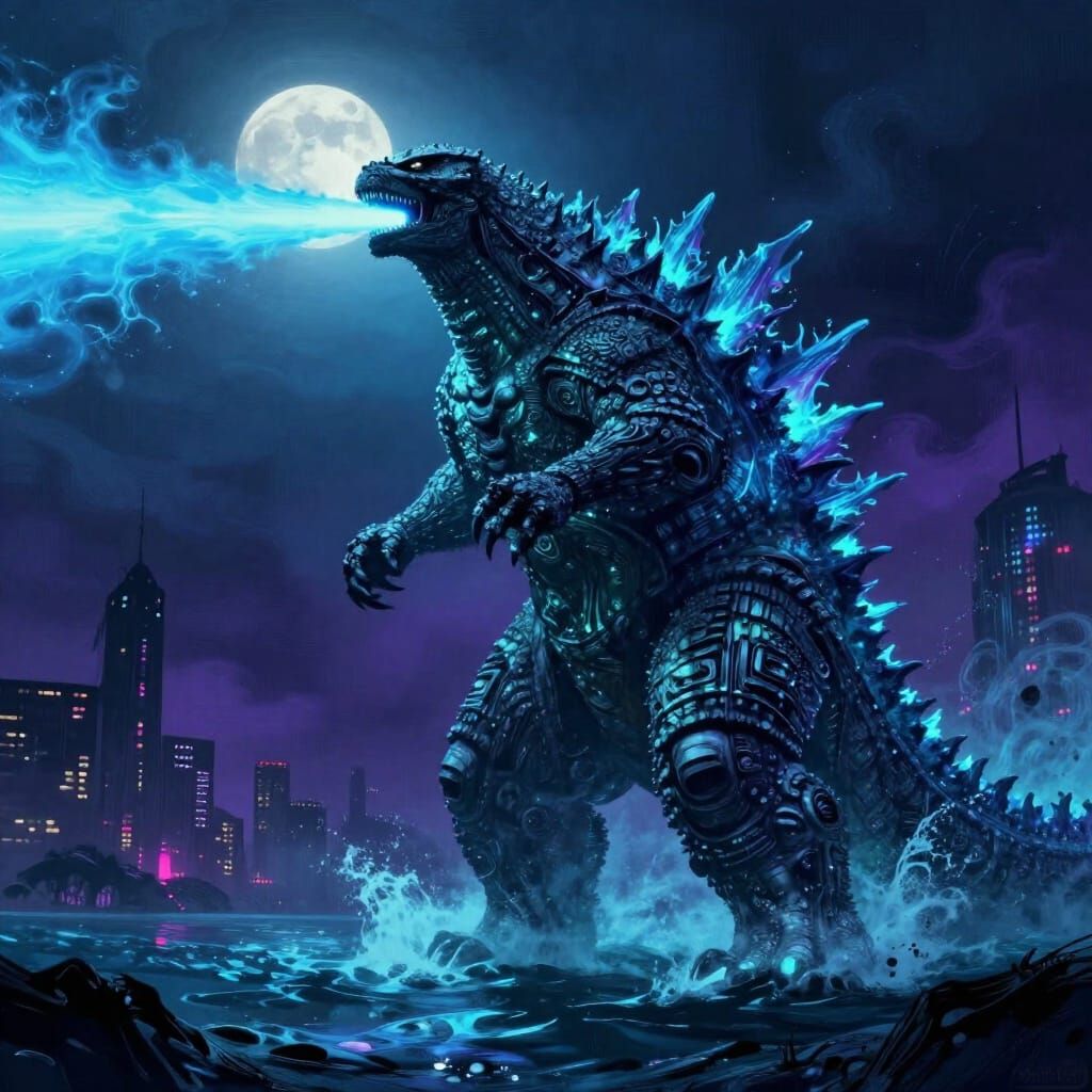 Godzilla Emerges From Bioluminescent Ocean