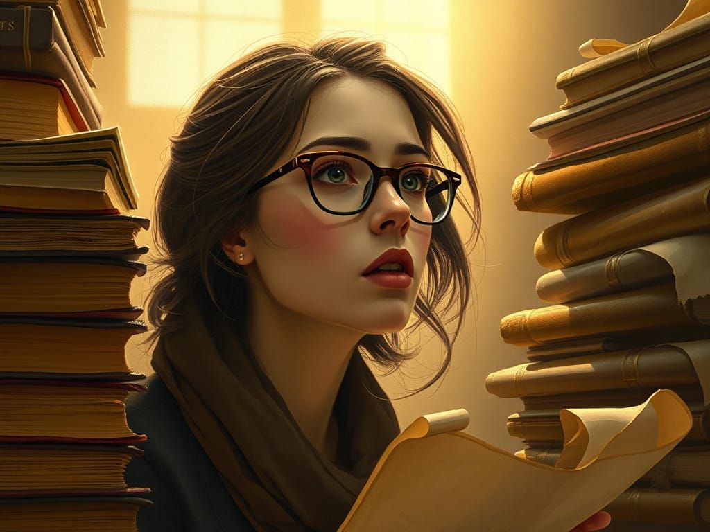 A Scholar Contemplating Ancient Tomes Amidst Warm Golden Lig...