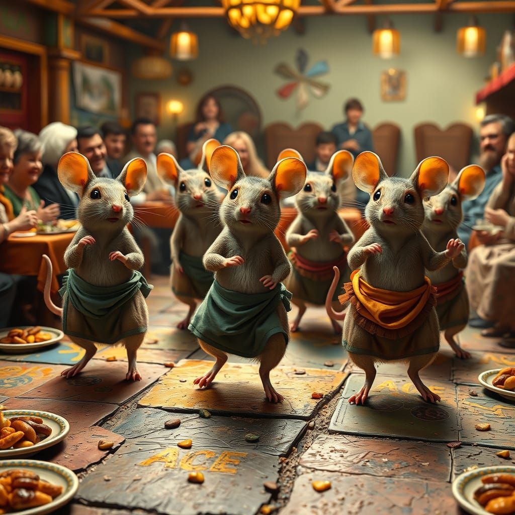 Mice Dance the Sirtaki in Whimsical Taverna Scene
