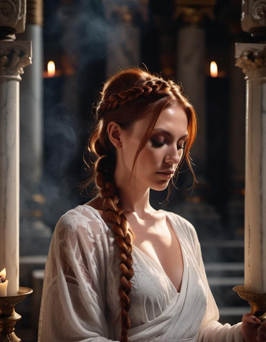 Woman in Temple with Candles and Incense