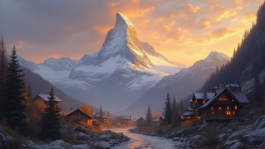 Matterhorn Sunset in Romanticism Painting Style