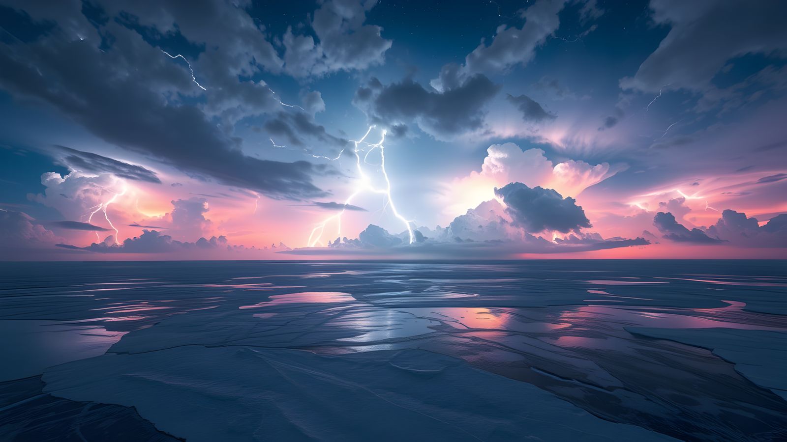 Neon Lightning Storm Over Frozen Sea
