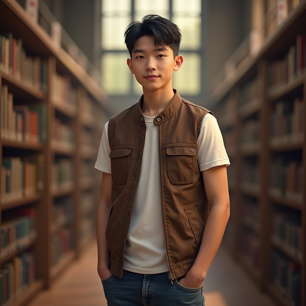 Young Man in Library, Realistic Photo