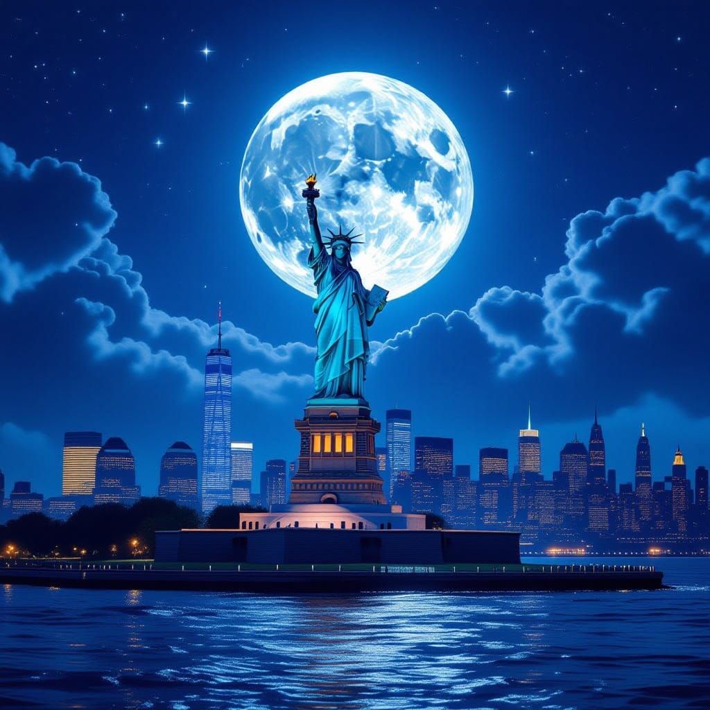 Epic New York City Nightscape with Statue of Liberty