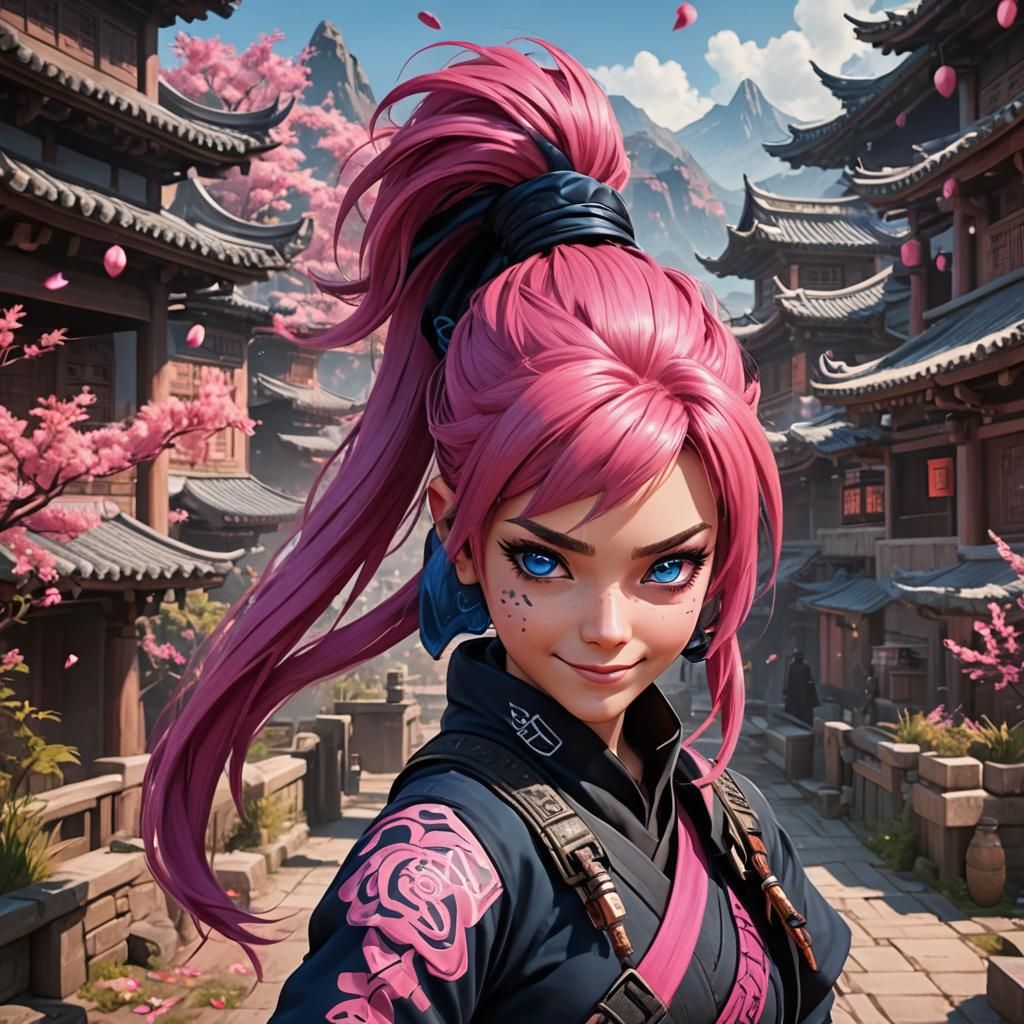 A ninja girl, with deep blue eyes, pony tail pink hair and a...