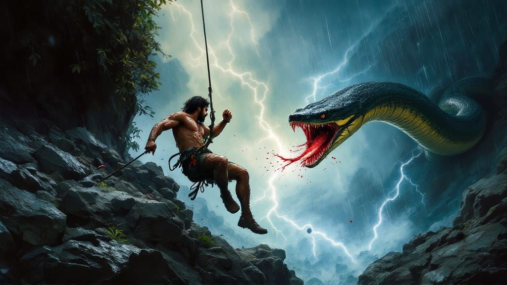 Man Swings on Winch Cable Towards Python Over Cliff