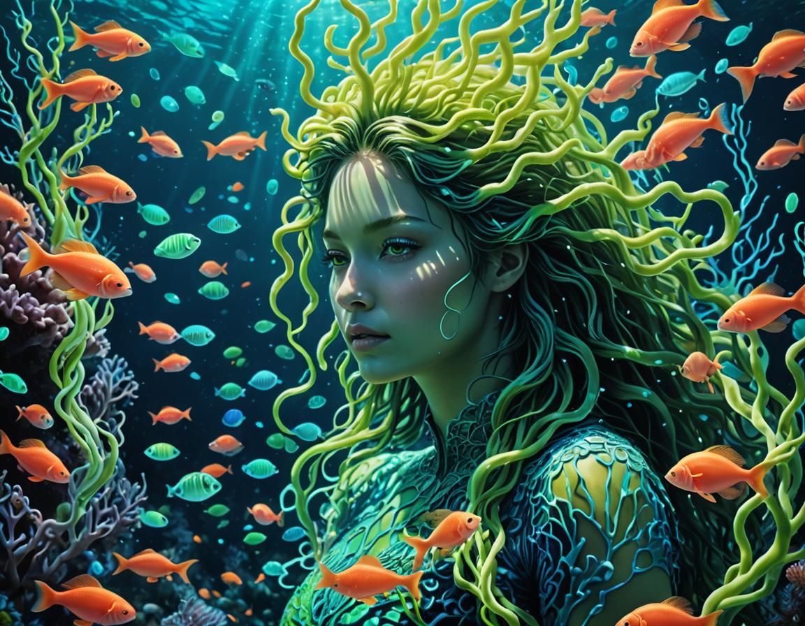 Underwater Goddess in Bioluminescent Coral Reef Landscape