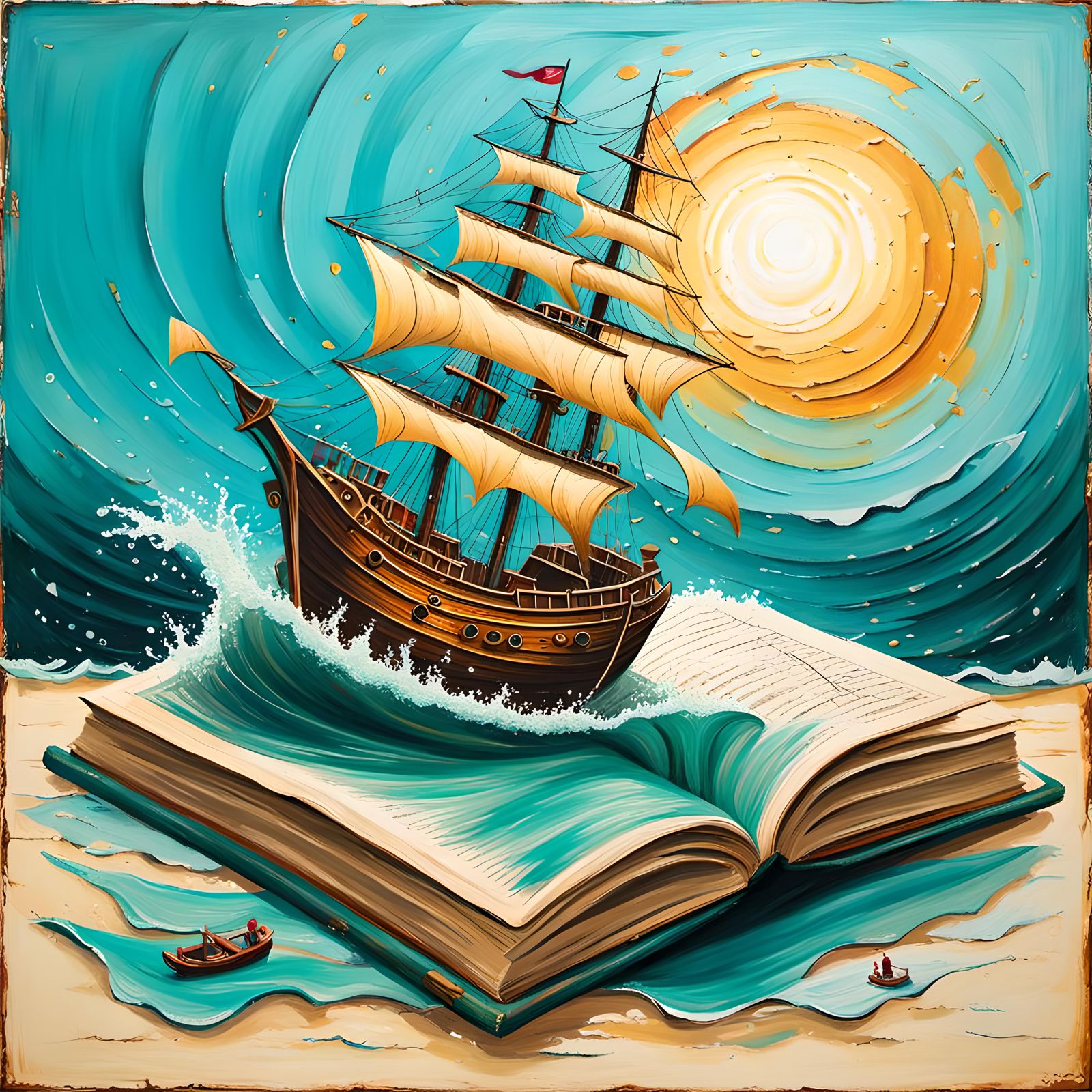Shipwreck Emerges from Book in Acrylic Painting