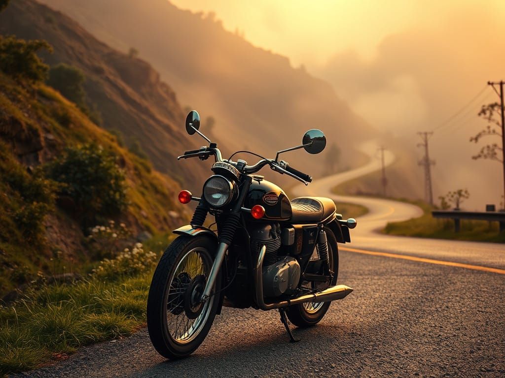Vintage Motorcycle Rides a Winding Mountain Road in Warm Gol...