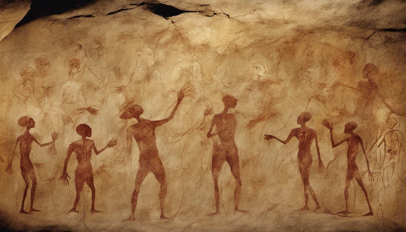 Cave painting of people meeting very poorly drawn aliens