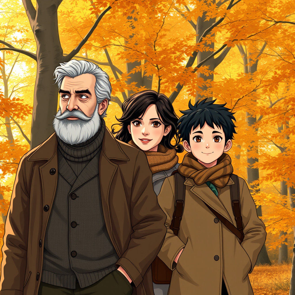 Family Stroll Through Autumn Forest in Ghibli Style