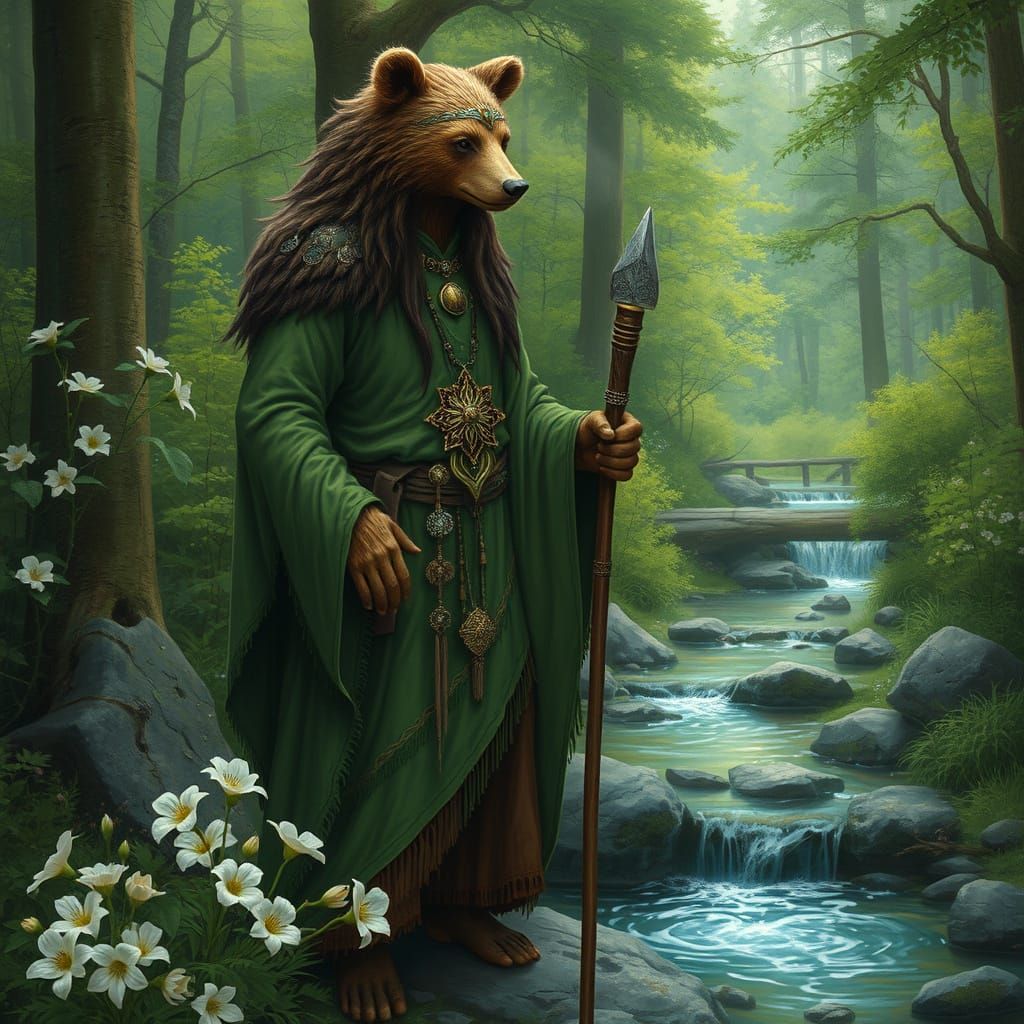 Bear Goddess Shaman in Forest, Fantasy Art Style