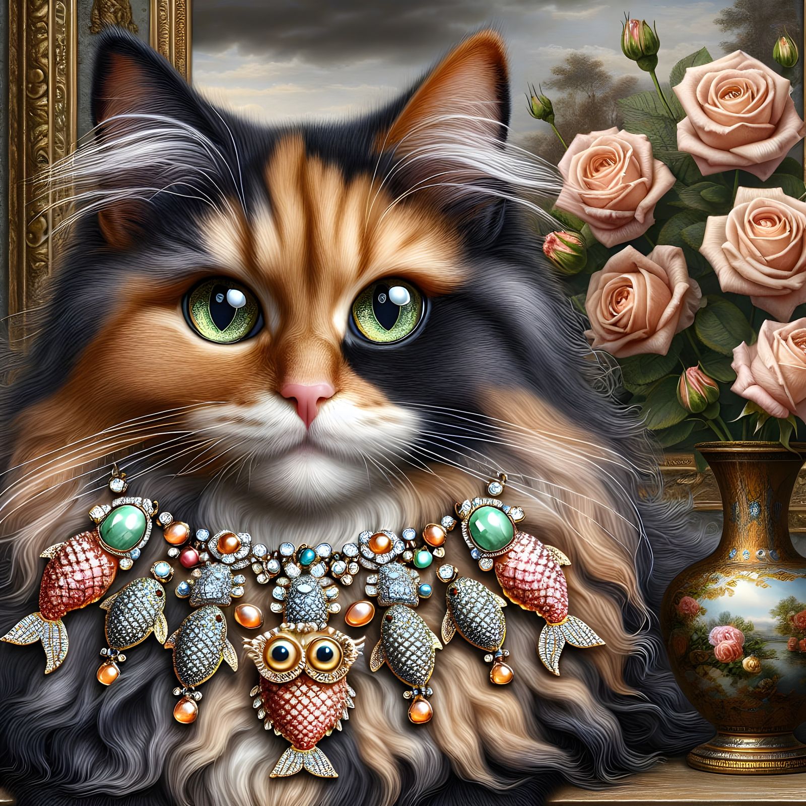 Elegant Tortie Cat in Vintage Jewelry