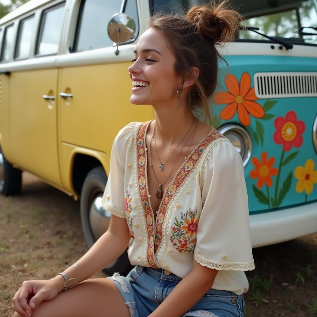 Hippie Woman with VW Bus and Flower Power