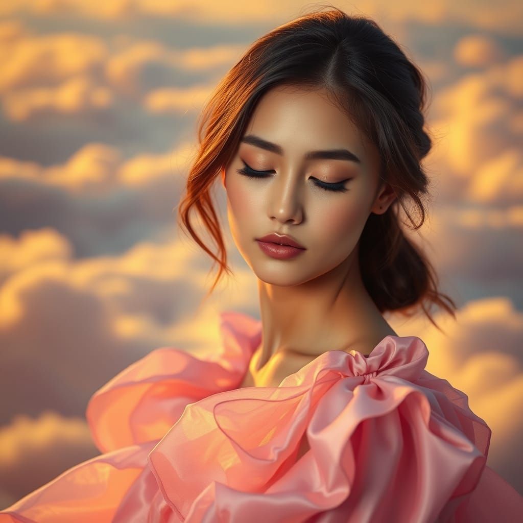 Woman in Flowing Cloud Dress in Golden Hour Light