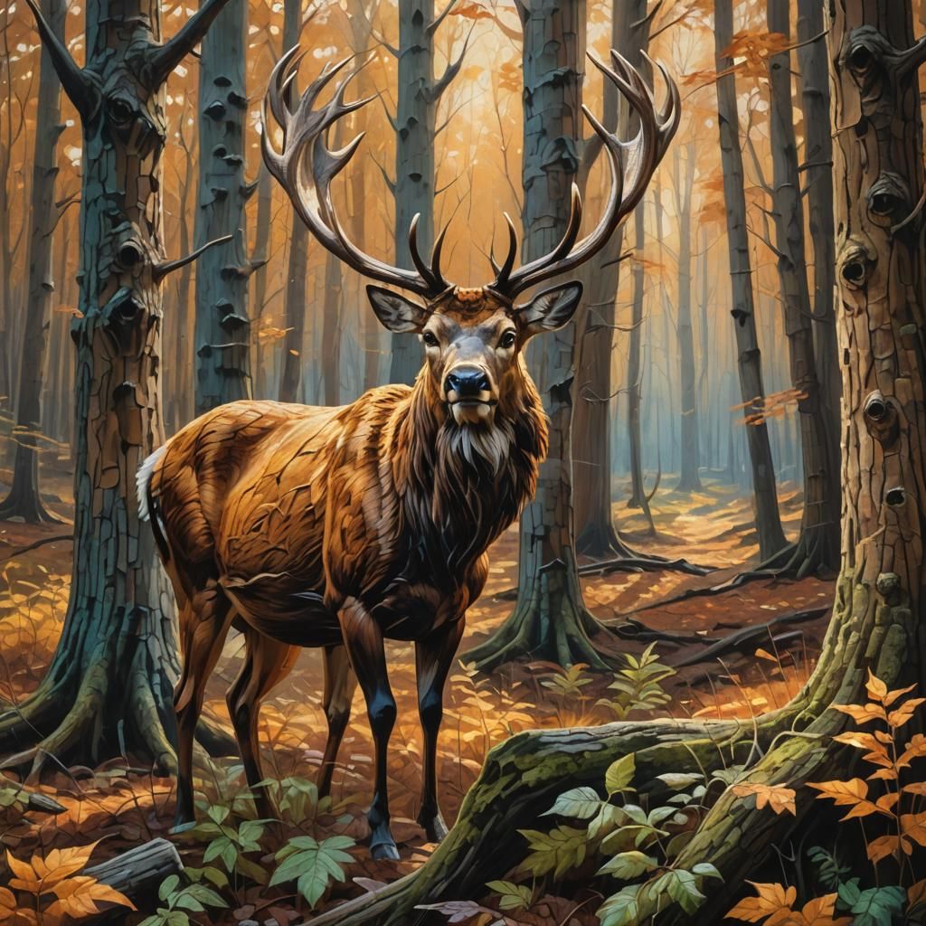 Earthy Wood Carving of Stag in Autumn Forest