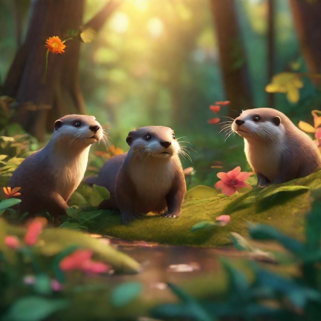 Otters Play in Lush Forest: Whimsical 3D Digital Art