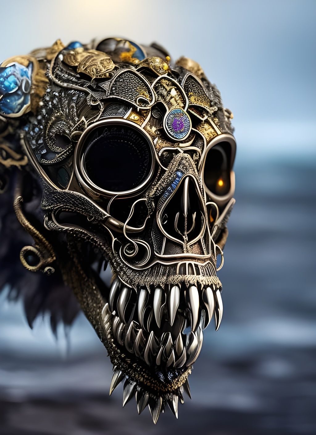 Armored Troll Skull Pencil Sketch on Cosmic Beach