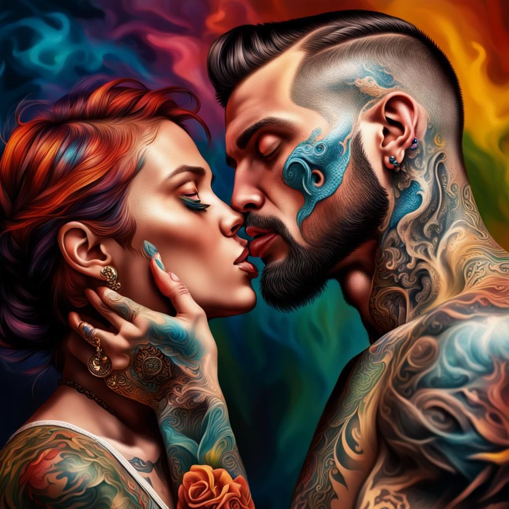 Tattooed Lovers Kiss in Hyperrealistic Splash Art