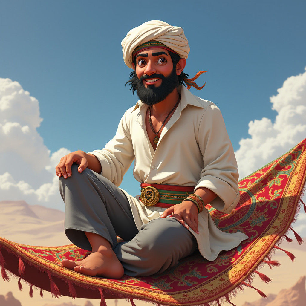 Sindbad on a Vibrant Flying Carpet Over Distant Lands