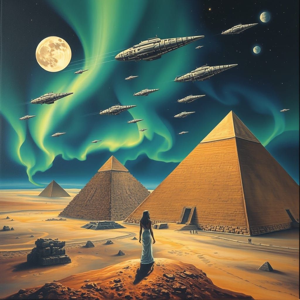 Egyptian Pyramids Under Northern Lights in a Surreal Cosmic...