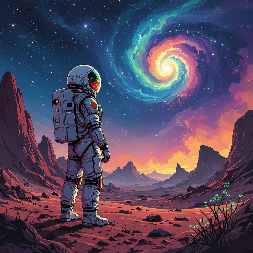 Astronaut Gazing at Nebula on Alien Planet