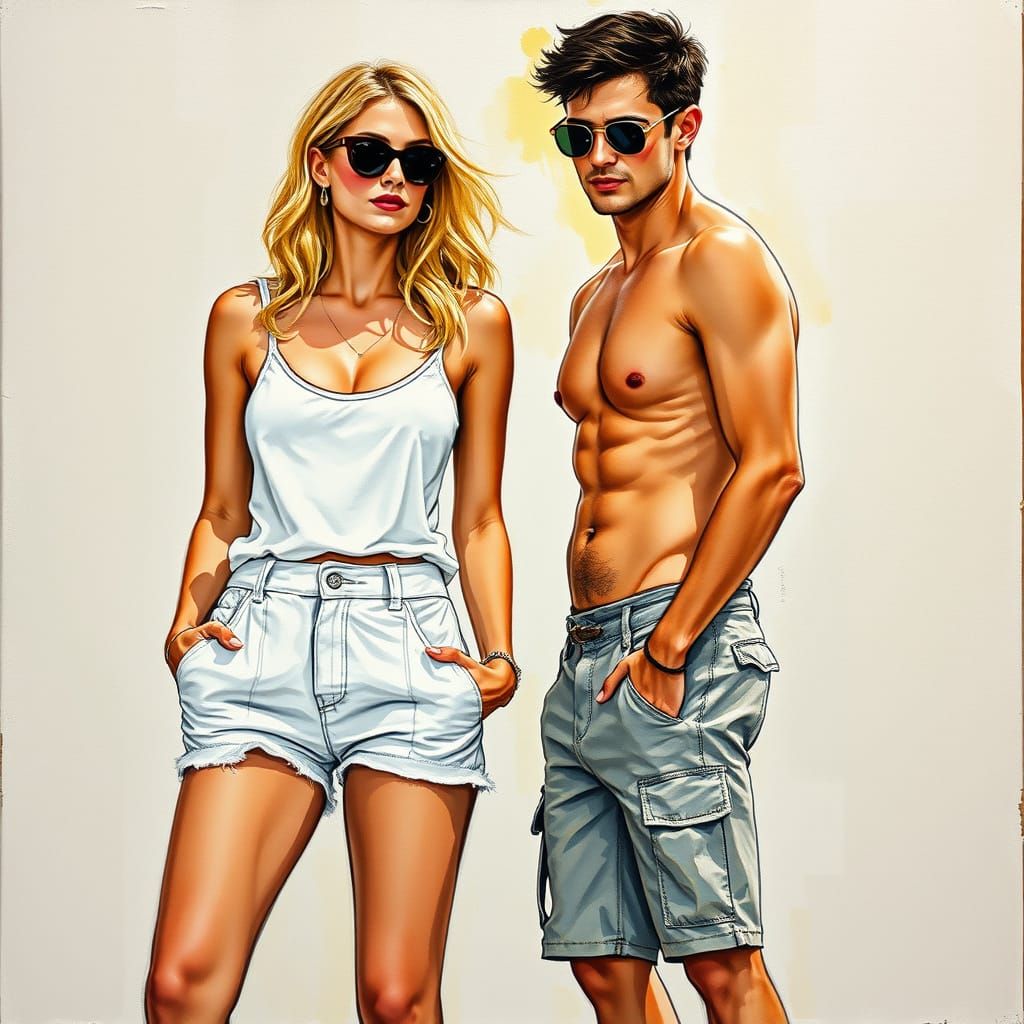 Impressionistic Charcoal Drawing of Couple in Summer