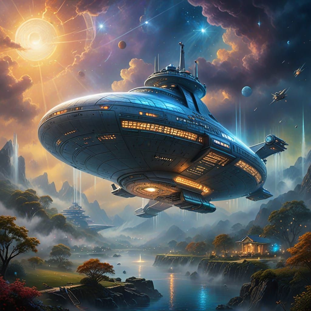 Ethereal Starship Enterprise in Golden Mist