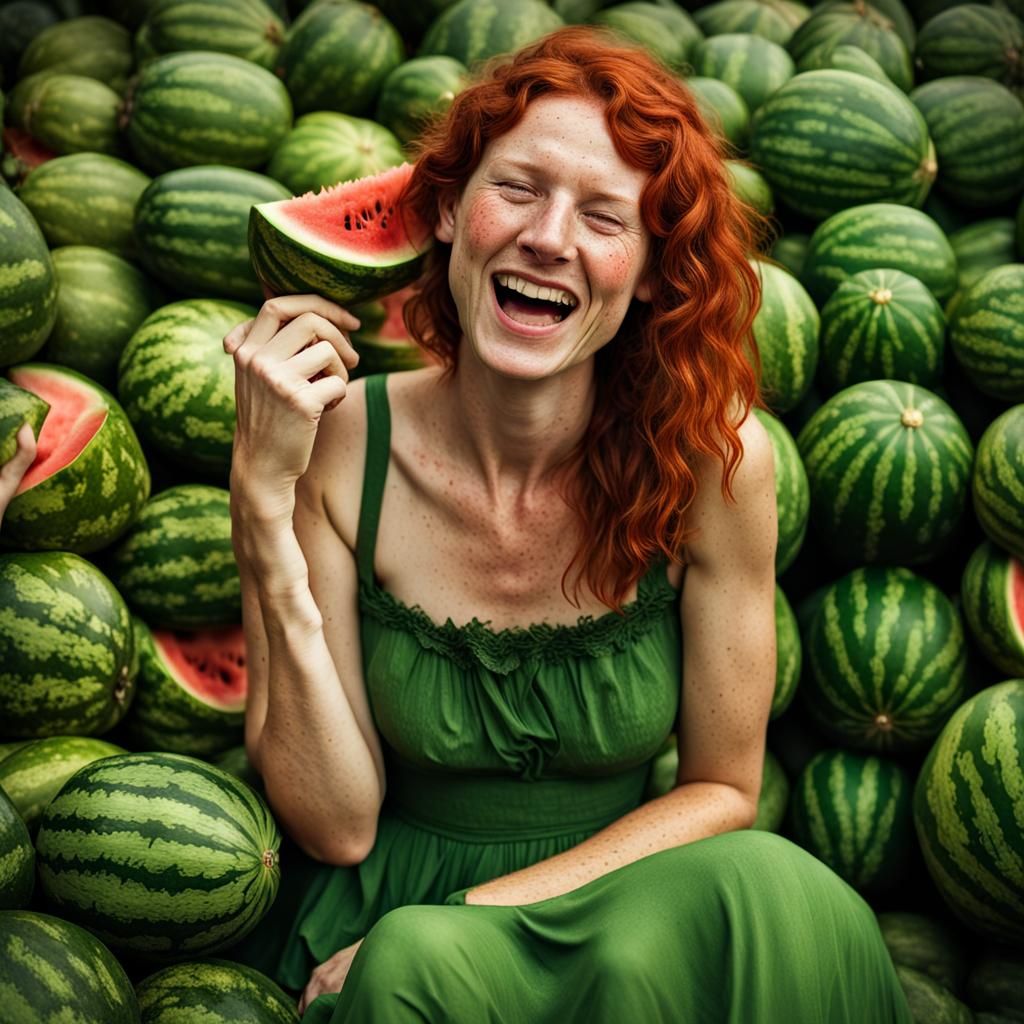 Freckled Redhead Laughing at Watermelons in HDR
