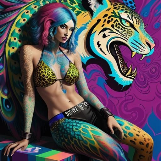 Colorful Woman with Dragon Scales in Graffiti Art
