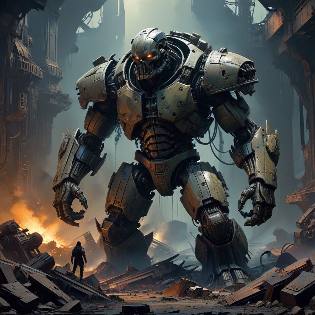 Warrior Stands Resolute Amidst Battle Ruins in Dark Fantasy ...