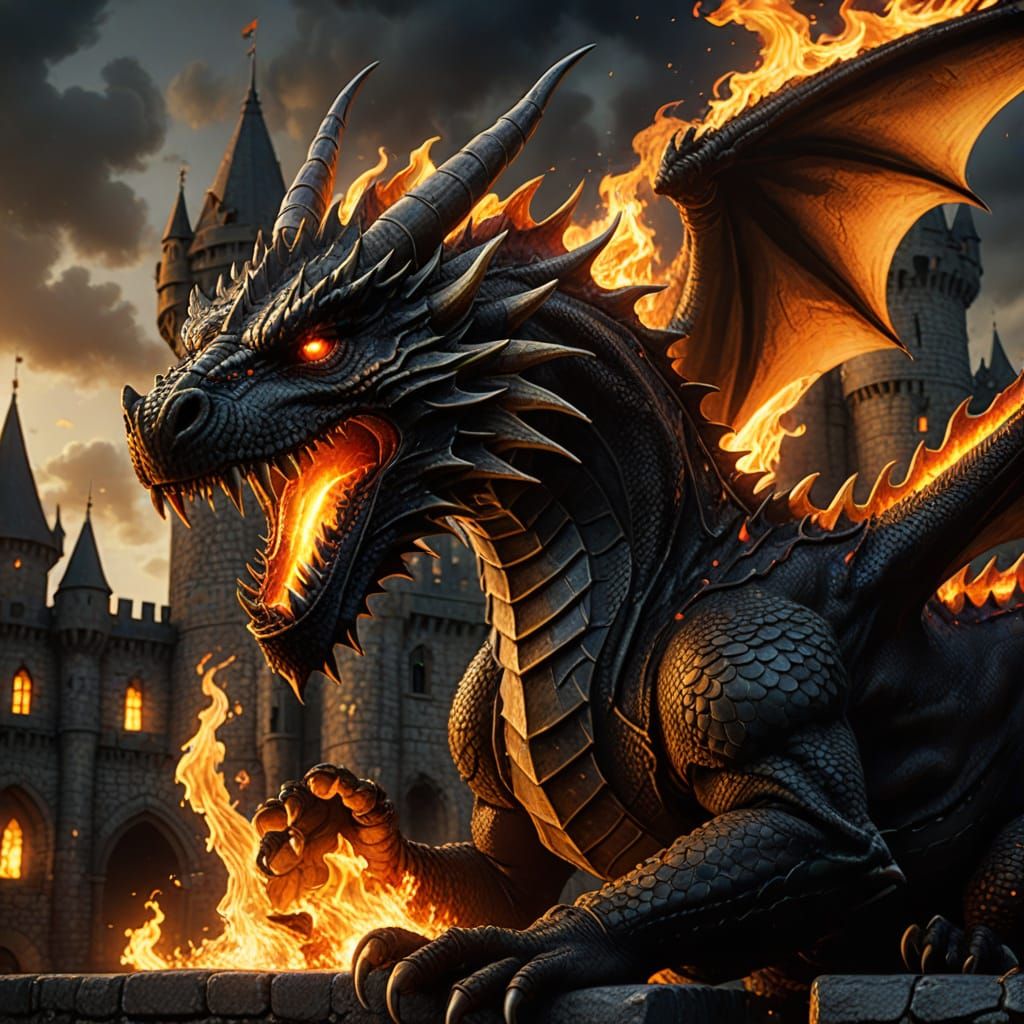 Majestic Dragon Breathing Fire at Medieval Castle