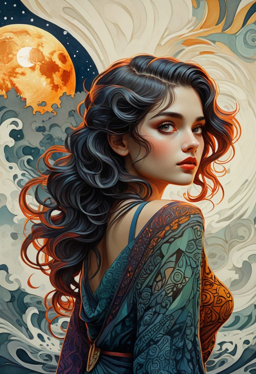 Art Deco Woman Gazing at Moon as Impressionist Painting