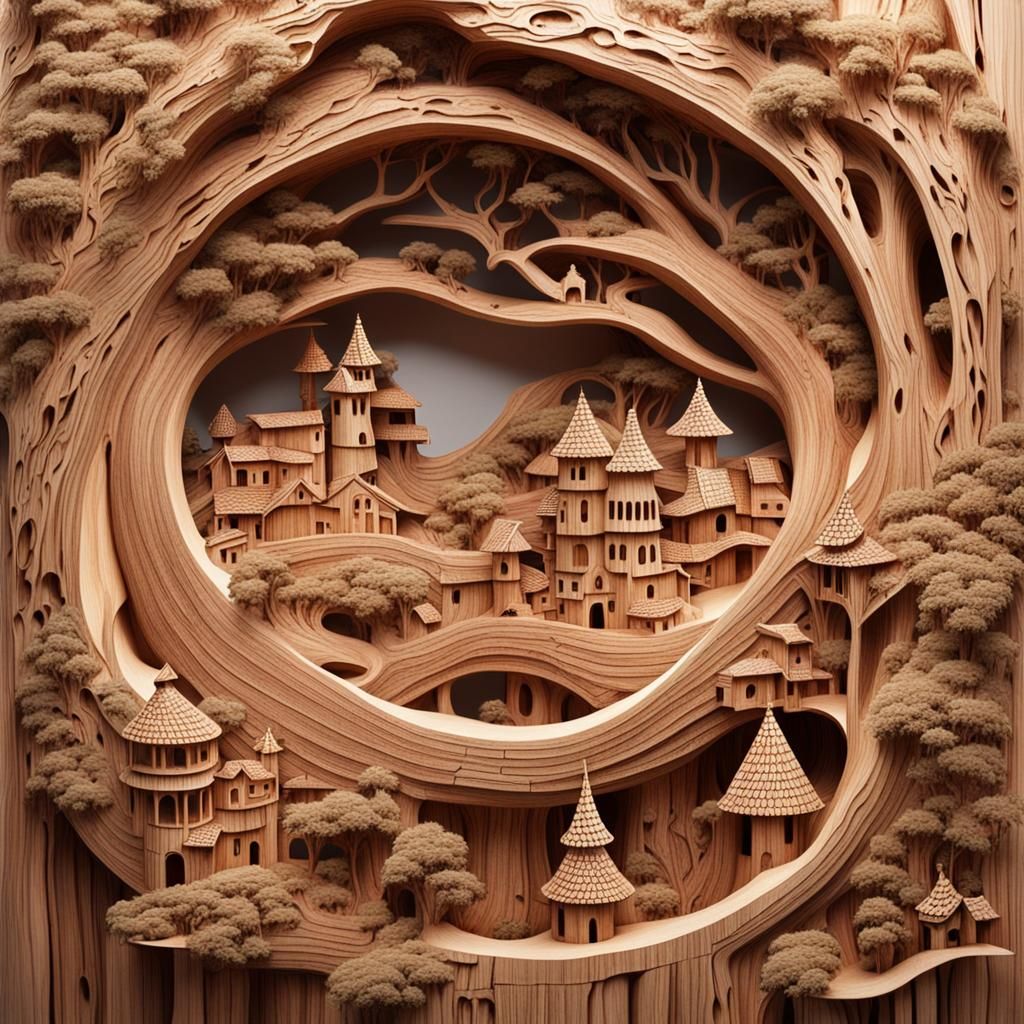 Miniature Fantastical World Carved in Wood