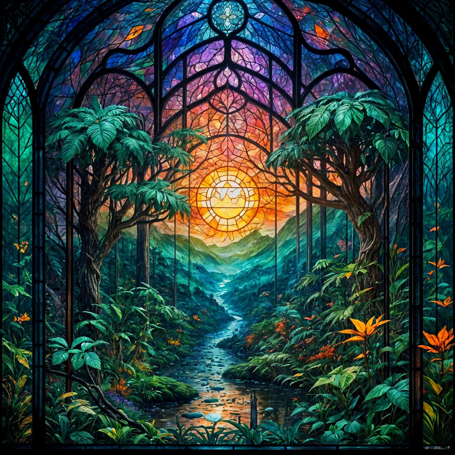Dark Fantasy Rainforest Stained Glass Window in Digital Art