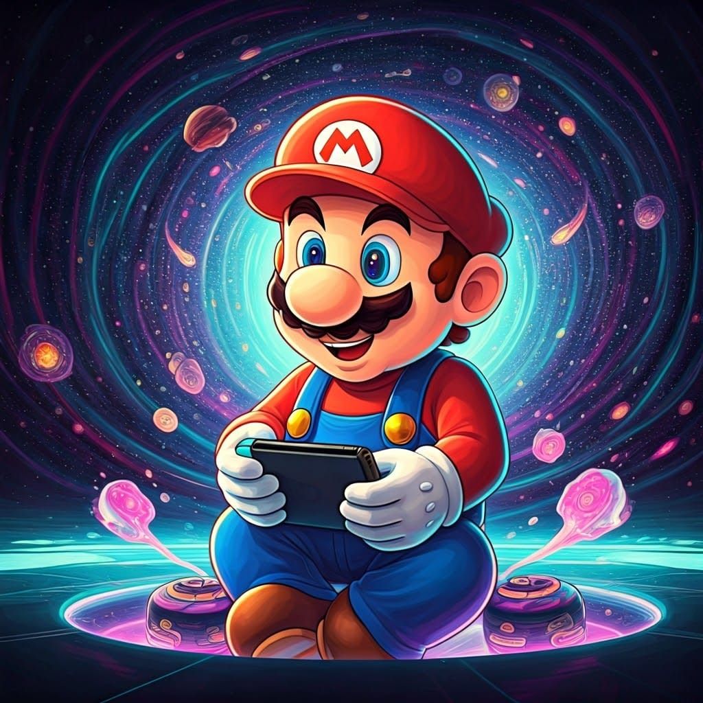 Mario Immersed in Cosmic Mario Kart, Mixed Media