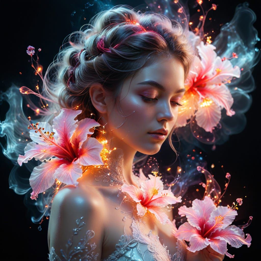 Magical Woman Portrait with Iridescent Flowers