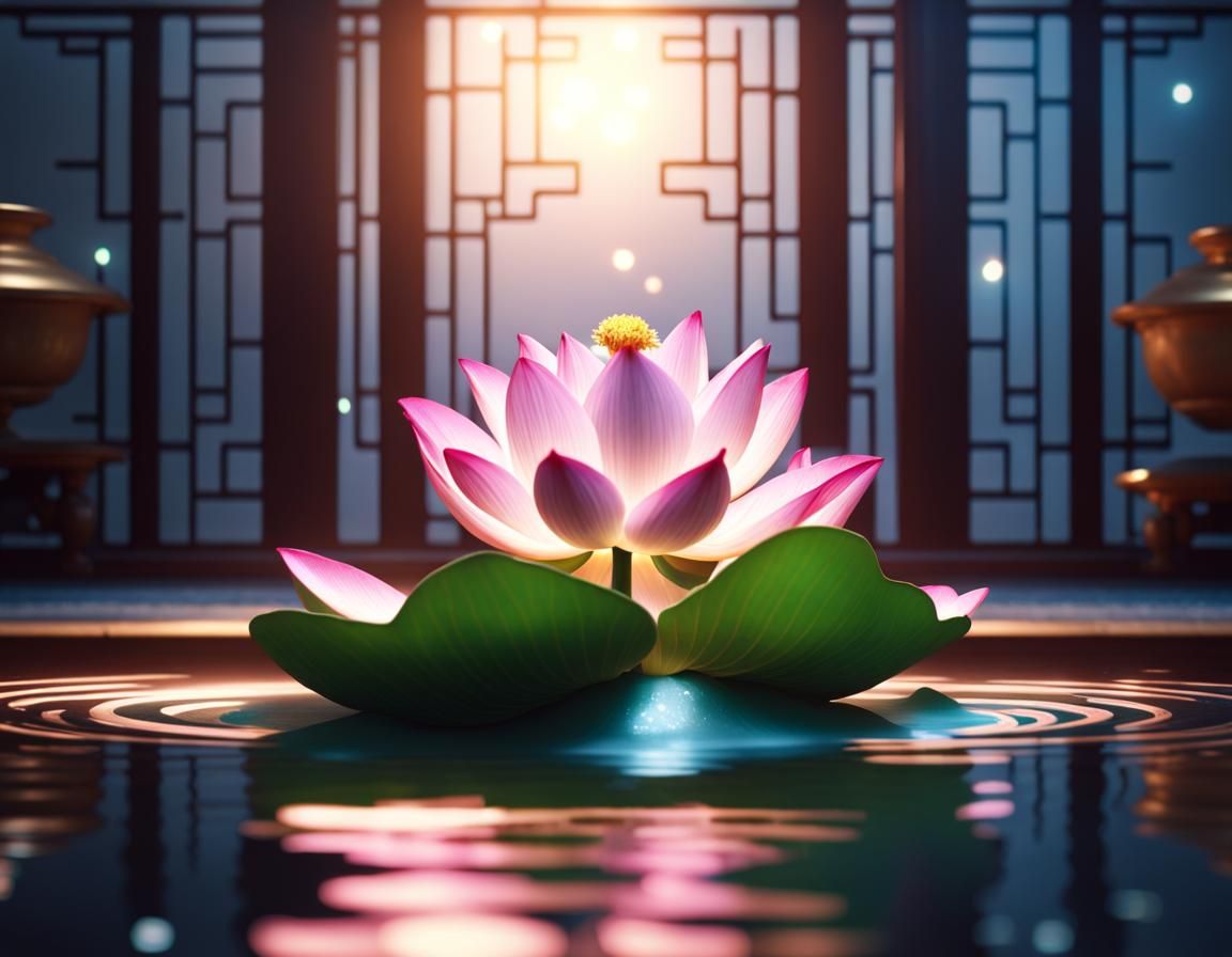 Majestic Lotus Flower in Chinese Room, 3D Render