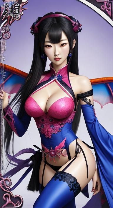 Korean Girl on Blue Dragon: Dark Fantasy Art