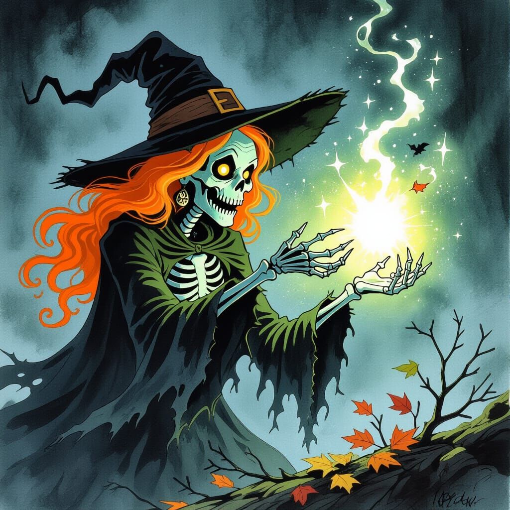 Evil Ghost Witch Conjures Spell with Bones and Leaves
