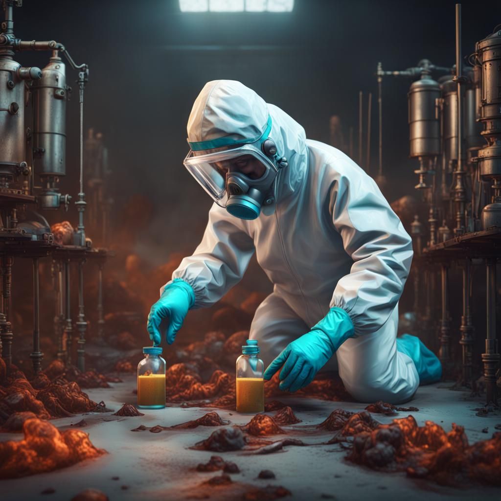 Hazmat Scientist Sampling Corpse: Detailed Matte Painting