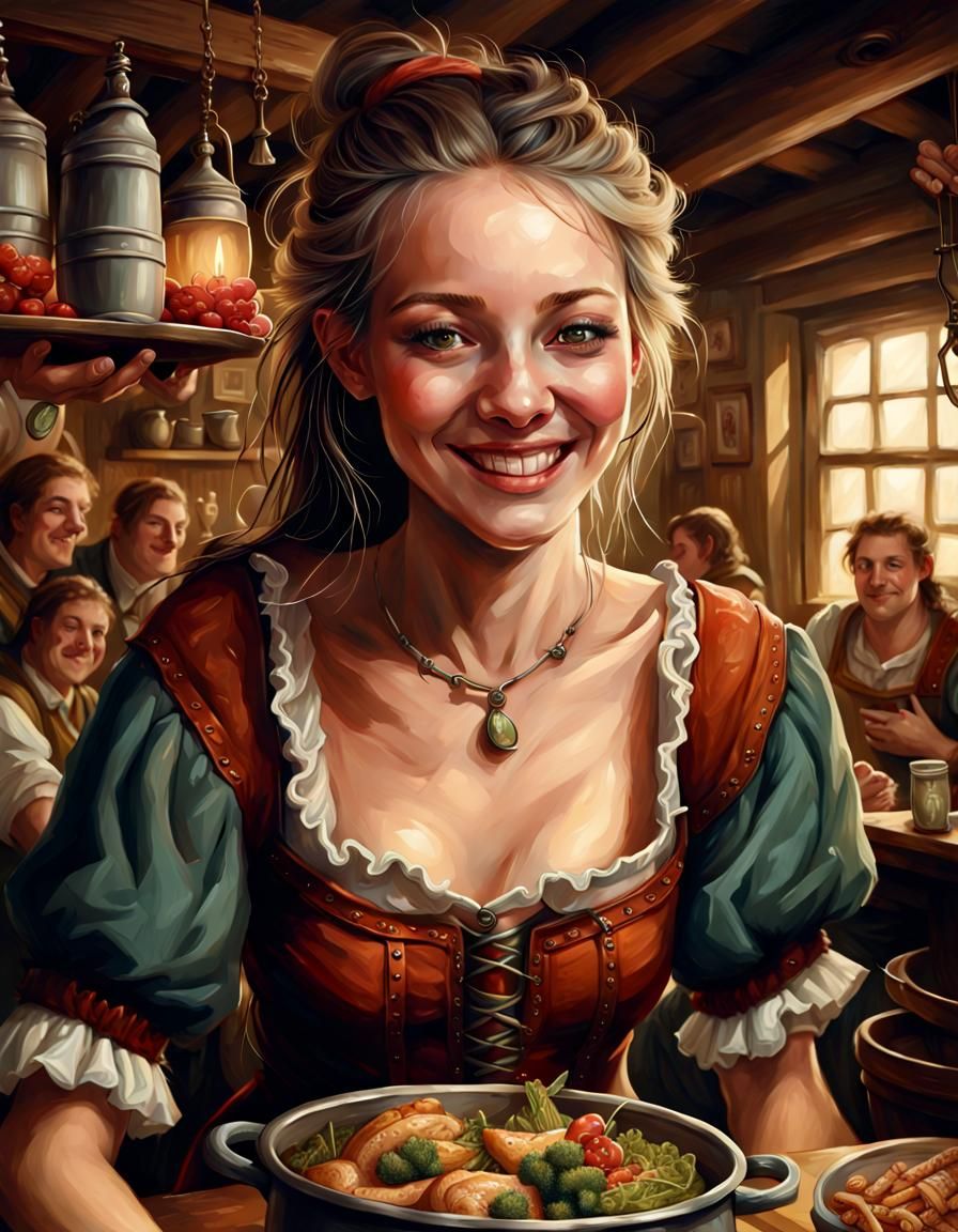 Fantasy Portrait: Happy Girl in Lively Tavern