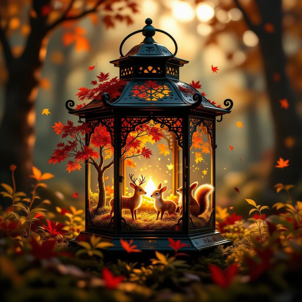 Whimsical Forest Lantern with Miniature Wildlife