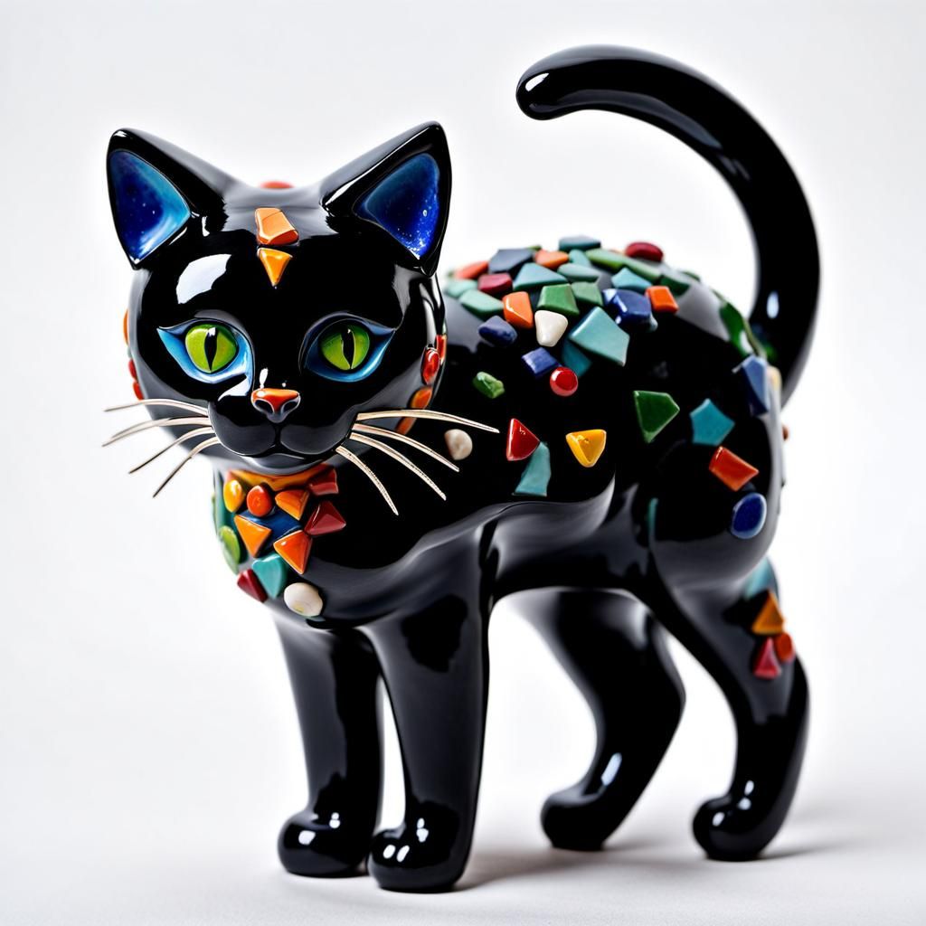 Colorful Ceramic Cat Sculpture in Mosaic Style