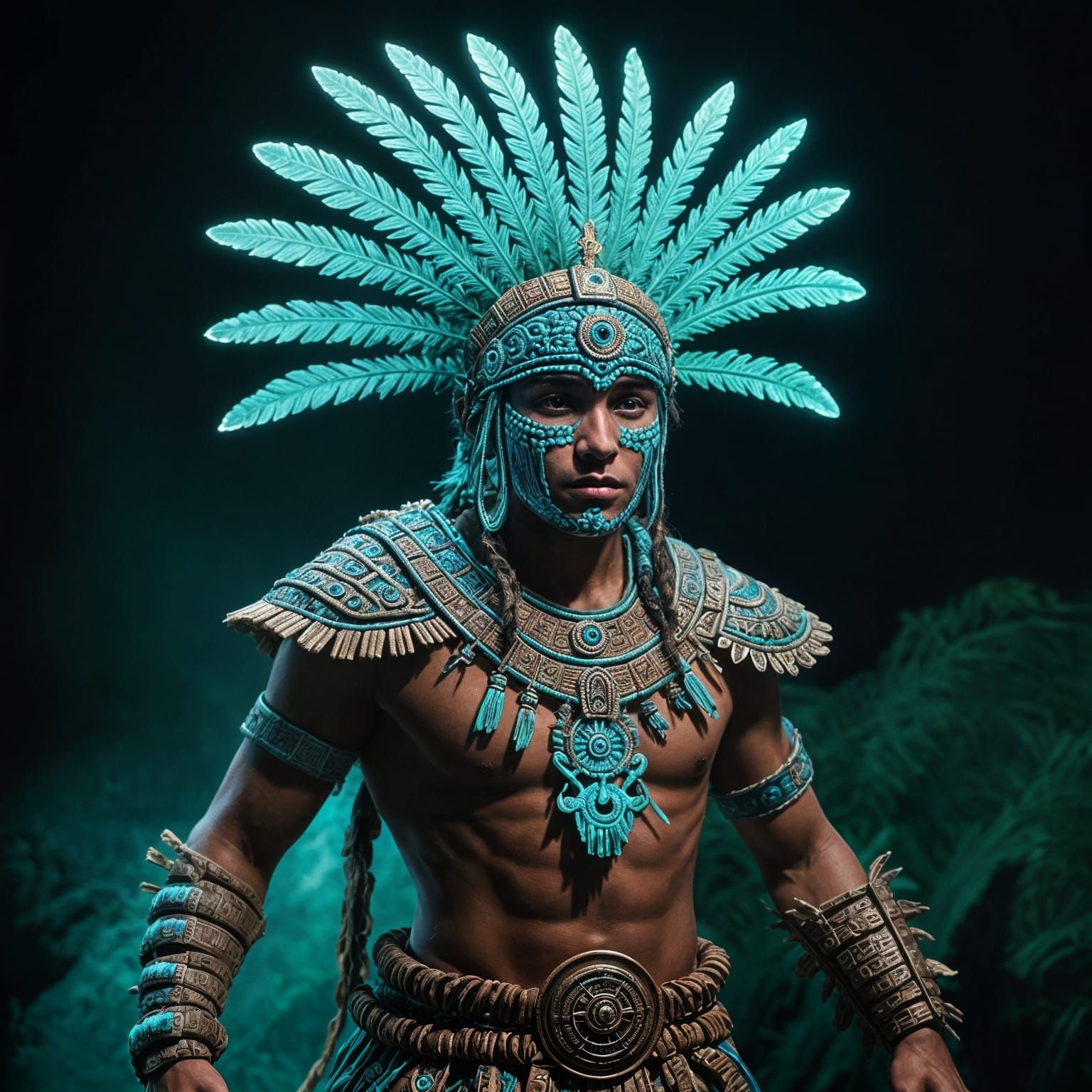 Bioluminescent Aztec Warrior in Ancient Splendor