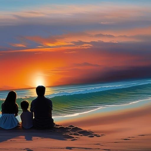 Sunrise Beach Scene with Children in Splash Art Style